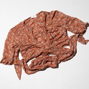 Isalis Boho Floral Wrap Top Womens Small Bell Sleeve Cottagecore Peasant Blouse